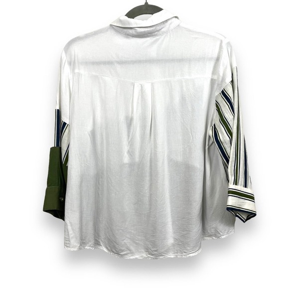 BESS Womens Top XL White Green Linen Blend 3/4 Sleeve Boxy Fit Button Down - Picture 6 of 11
